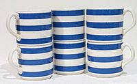 Grouped six blue and white horizontally striped ironstone mugs, showing their size and uniform design.