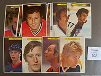 Stack of hockey cards showing front faces with portraits of Mike Palm, Tony Esposito, Brad Park, Phil Esposito, Mike Bossy, Borje Salming, Guy Lafleur, and Wayne Gretzky.