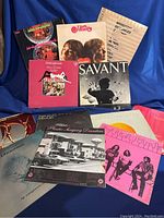 Photo showing multiple vinyl record album covers arranged on a blue fabric background.