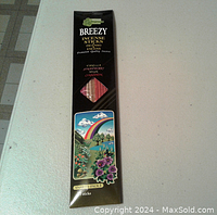 Photo of Breezy incense sticks 20 pack package showing brand, fragrance varieties, and packaging details.
