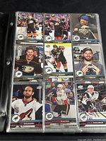 Photo showing nine O-Pee-Chee hockey cards featuring various NHL players in protective sleeves within the album.