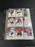 Nine-pocket plastic sleeves with hockey cards in a ring binder.