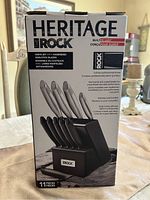 Photo of the knife set box showing brand, key features and blade types.