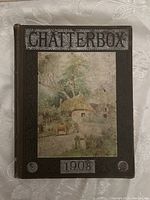 Front cover of the 1908 Chatterbox hardcover book showing dark cover with an inset scenic illustration and embossed title and year
