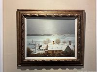 Full view of framed painting showing snowy harbour scene