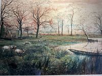 Close-up of the watercolor painting showing sheep grazing near a river with surrounding trees and a small boat on the right side.