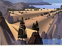 Close-up of painting board showing stylized hills, water and signature