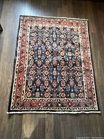 Full overhead view of rectangular rug on wood floor