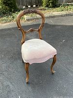 Three photos showing different angles of the Victorian balloon back side chair on asphalt outdoors. The chair features a carved wooden frame with a balloon style backrest and pink velvet upholstered seat.