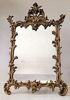 Front view of the full antique cast iron mirror showing ornate decorative frame and mirror glass.