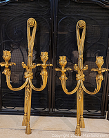 Full view of pair of brass wall sconces leaning against fireplace screen
