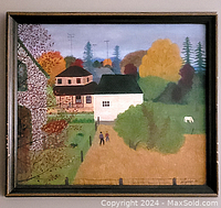 Full frontal photo of the framed oil painting showing a rural scene with houses, autumn trees, a dirt path, and two human figures.