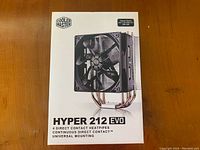 Front view of Cooler Master Hyper 212 Evo packaged box showing cooler image and branding.