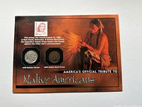 Front view of the display card showing the Red Cloud commemorative stamp, 1929 Buffalo nickel, and 1899 Indian Head penny on a Native American-themed background.