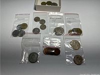 Overview of small group lot of foreign and U.S. coins sorted in labeled plastic bags with some coins loose in tray.