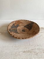 Side angle photo of the woven coil basket showing shallow, round shape and spiral coil weaving in tan and brown fibers.