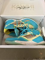 Pair of New Balance Kaishi Signature sneakers in original white box with logo and signature, displaying the top and side views of the shoes.