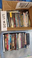 Photo showing DVDs and Blu-Ray movies arranged standing in a box, various titles visible.