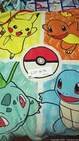 Blanket showing Pikachu, Charmander, and Pokeball design on light blue background with red trim.