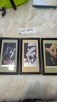 Set of three Star Wars framed art prints featuring Darth Vader, a Stormtrooper, and Yoda, laid out on a white fur surface.