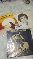 Photo showing three Neil Diamond vinyl records: Jonathan Livingston Seagull, Play Me: Neil Diamond Live, and The Jazz Singer soundtrack.