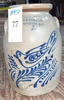 Front view showing cobalt blue bird decoration, maker’s mark stamp “F.B. Norton Sons Worcester Mass” and capacity number “2,” auction lot sticker visible