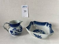 Blue Canton porcelain pitcher and square bowl side by side, showing size and design