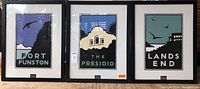 Three prints side by side: Fort Funston, The Presidio, Lands End