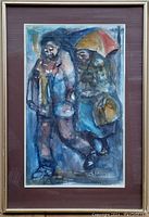 Full view of the framed watercolour painting showing two figures and an umbrella in muted colors.