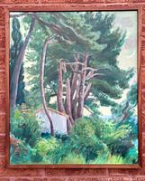 Front view of the framed oil painting showing a forest scene with tall pine trees and dense green foliage, including a small white building partially hidden by trees.