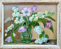 Full view of the framed floral oil on board painting showing multicolored flowers in glass vase.
