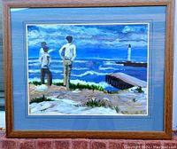 Full view of the signed acrylic harbor scene painting depicting three men on the shore with a lighthouse and dock in the background.
