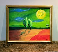 Full front view of the framed oil painting showing abstract landscape scene with sun, trees, and two figures.