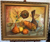 Framed oil on board painting showing a still life with vases, fruit, and flower, emphasizing texture and warm colors.