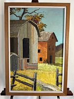 Full view of painting showing barn buildings and autumn tree with wooden fence framed in teak frame.