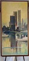 Full view of framed vertical oil painting depicting an urban cityscape with abstracted buildings and reflections in water, signed by Isenhardt.