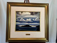 Frontal view of framed painting print on board showing overall piece, frame and plaque.