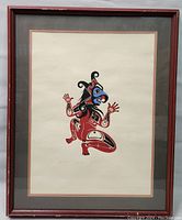 Framed serigraph titled 'Fine Dancer' in red wooden frame with gray and pink matting, showing full artwork.