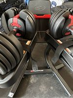 Front view of both adjustable dumbbells seated in stand