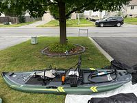 Full view of inflated kayak with seat and pedal drive mounted