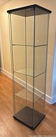 Front view of the full glass display cabinet showing clear glass panels, three shelves, and black base and top.