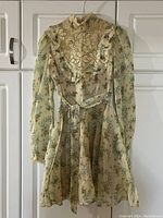 Front view of 70's vintage mini dress with floral print and ecru lace bib front, high collar, long sleeves, and tie belt.