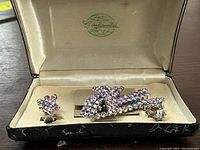 Full view of the Continental marked original box containing the red Aurora Borealis crystal clip-on earrings and matching brooch.