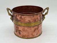 Copper pot with a brass band and two ornate brass handles shaped like animal heads, showing natural patina and signs of aging.