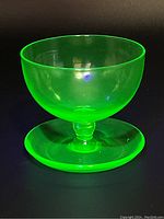 Photo of single uranium glass dessert cup glowing bright green under UV light
