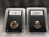 Pair of 1976-D Washington quarter coins, certified MS70 by INB, shown in protective holders.