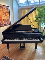 Full view of black lacquer Steinway grand piano with open lid and three brass-capped legs on hardwood floor.