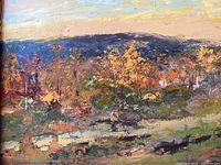 Full view of unsigned oil on board painting depicting Canadian autumn landscape with trees, hills, and figure.