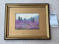 Gold gilt wood frame with buff mat and watercolor painting of lavender field