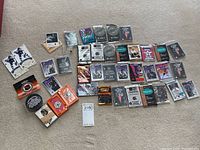 Overall view of all packs and accessories on beige carpet